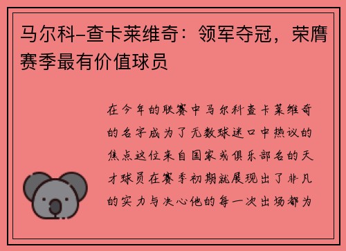 马尔科-查卡莱维奇：领军夺冠，荣膺赛季最有价值球员